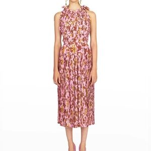 Ulla Johnson Amalthea Silk Pink Floral Ruched Midi Tie Shoulder Dress Size 8